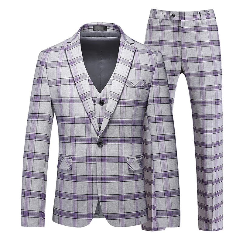 Men's Black-White Striped Plaid Suit 3-Piece, Wedding Party Dress Jacket and Vest with Trousers, Asian Sizes Red Slim Fit Sets.