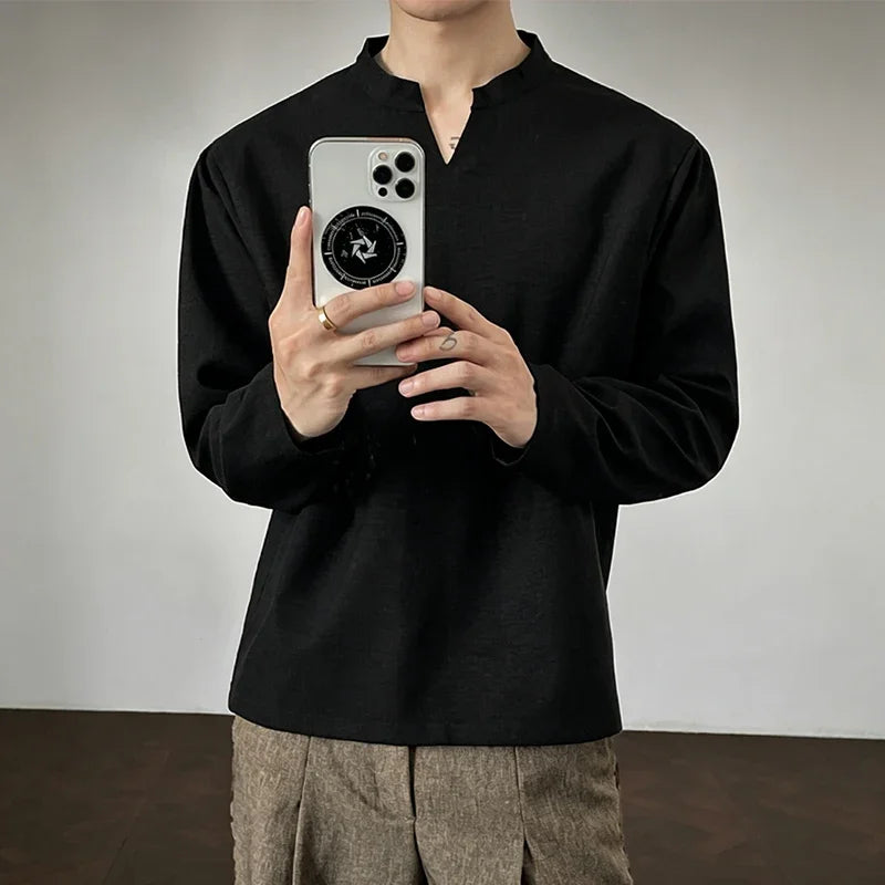 Mens Long Sleeve V Neck Mandarin Collar Shirt Linen Weave Fabric Loose Silhouette For Daily Occasions