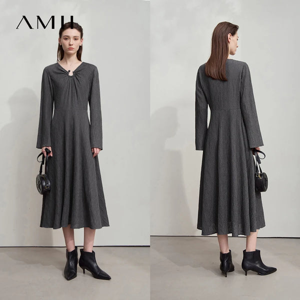 AMII Women's 2026 Autumn Dress Irregular Neck Elegant Casual Pullovers Flared Long Sleeves Dress Ladies Clothes 12523080