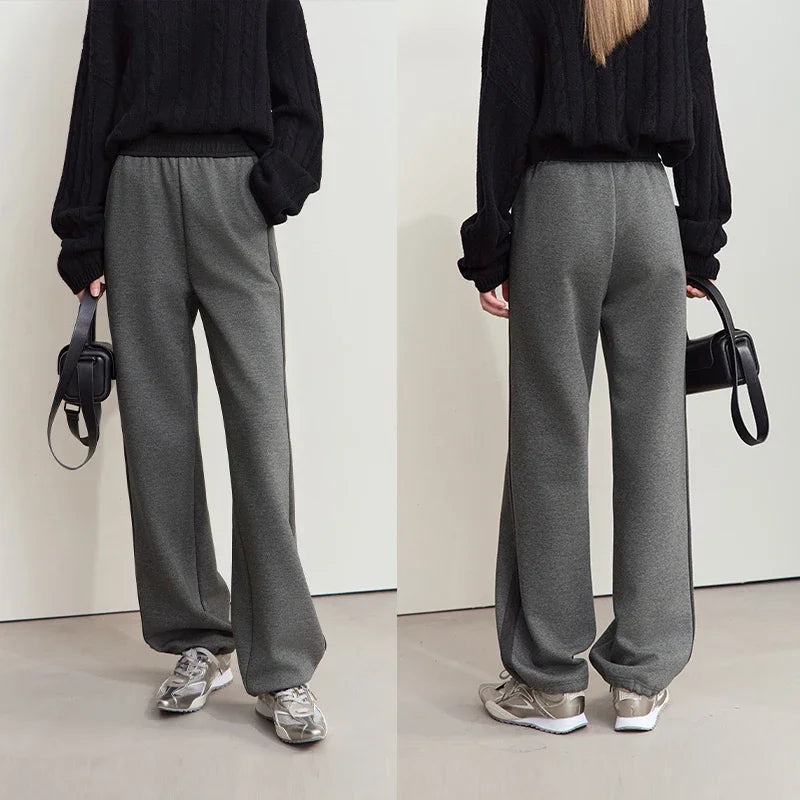 Amii 2026 Winter Women Clothes Rubber Band Waist Contrasting Color Splicing Velvet Casual Trousers Loose Two-wear Pants 12444239