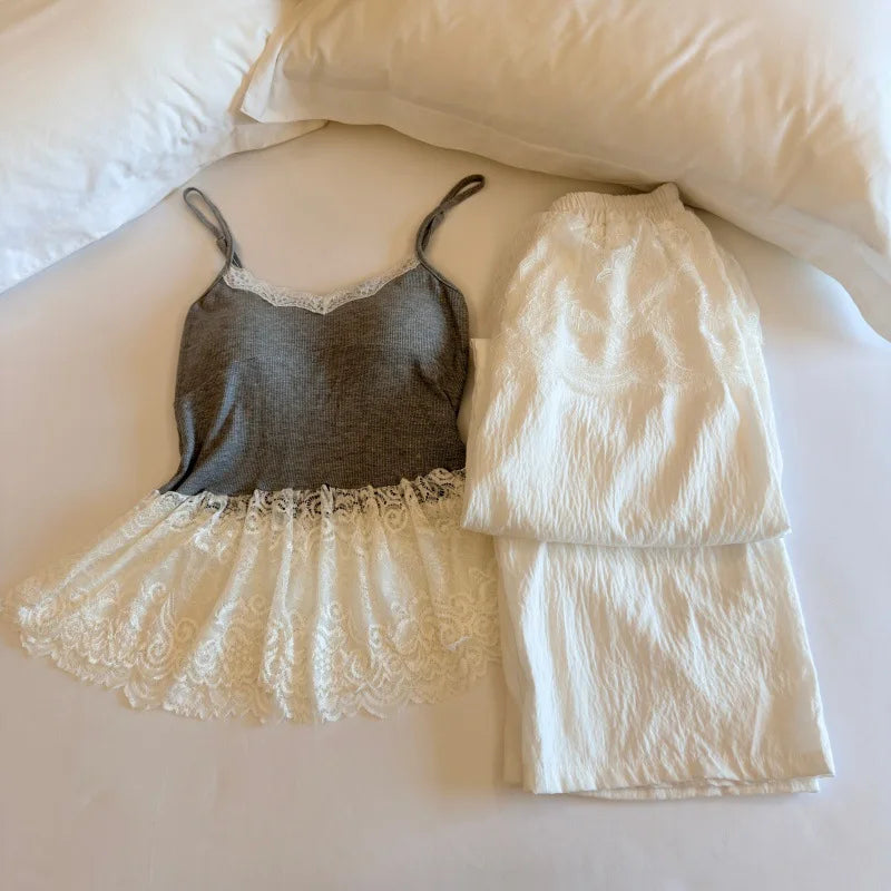 Thin Women's Pajamas Chest Pad Sleeveless Tops and Long Pants Sleepwear 2 Piece Home Clothes Comfortable Loungewear Pijama Suit