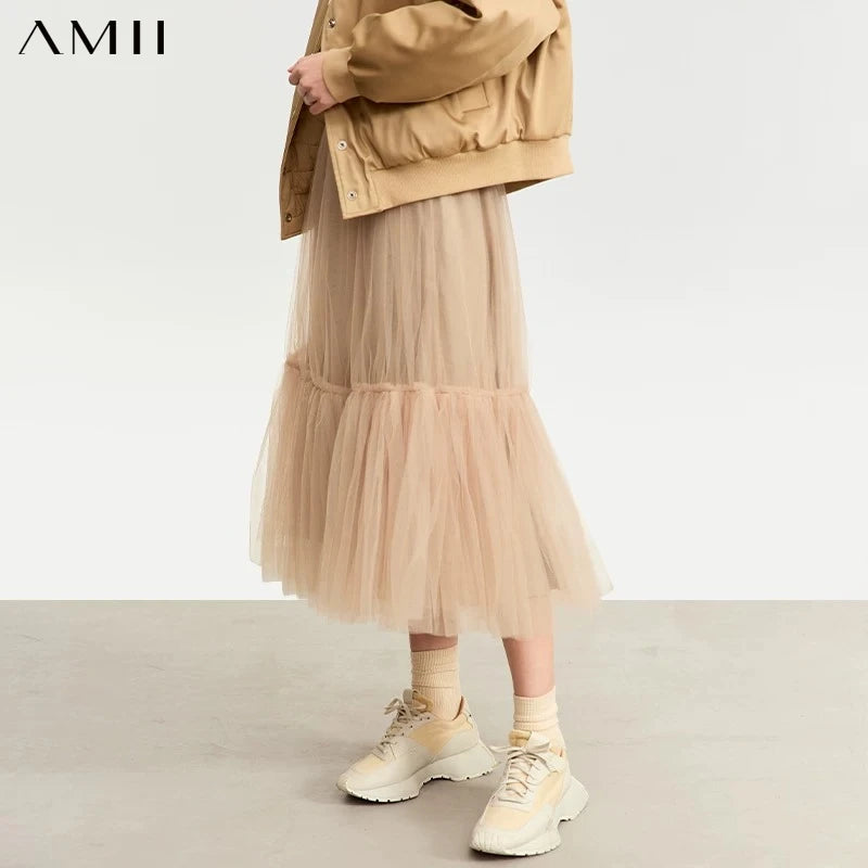 AMII Mesh Pleated Skirt for Women 2026 Autumn New Loose Fashion Cute Romantic Tutu Mid Length Skirt Clothing Streetwear 12343412
