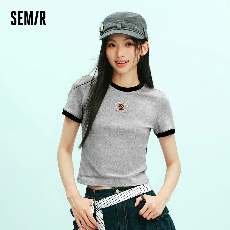 Semir Women Tshirt Cropped Contrast Color Slim Straight Shoulder Short Sleeve Summer 2026 Casual Style Soft Top