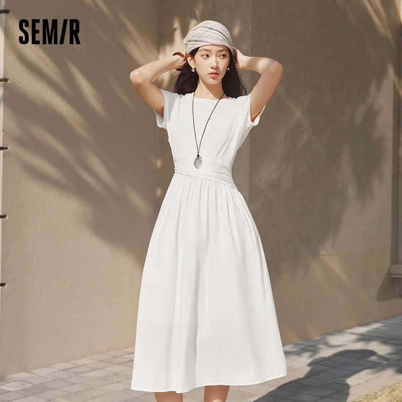 Semir Women Dress Pleated 2026 Crew Neck Cooling Waist Cinched Urban Casual Everyday Style Soft Comfortable Daily Wear Trendy