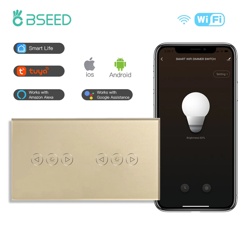 BSEED Wifi Dimmer Switch Double Led Dimmerable Smart Touch Dimmer Switch Work With Tuya Alexa Smart Life Tempered Crystal Glass