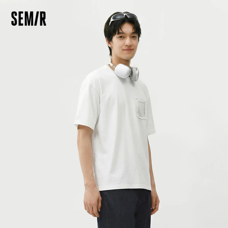 Semir Mens Tshirt 2026 Vintage Washed Printed Knitted Fake Pocket Loose Crew Neck Casual Fashion Soft