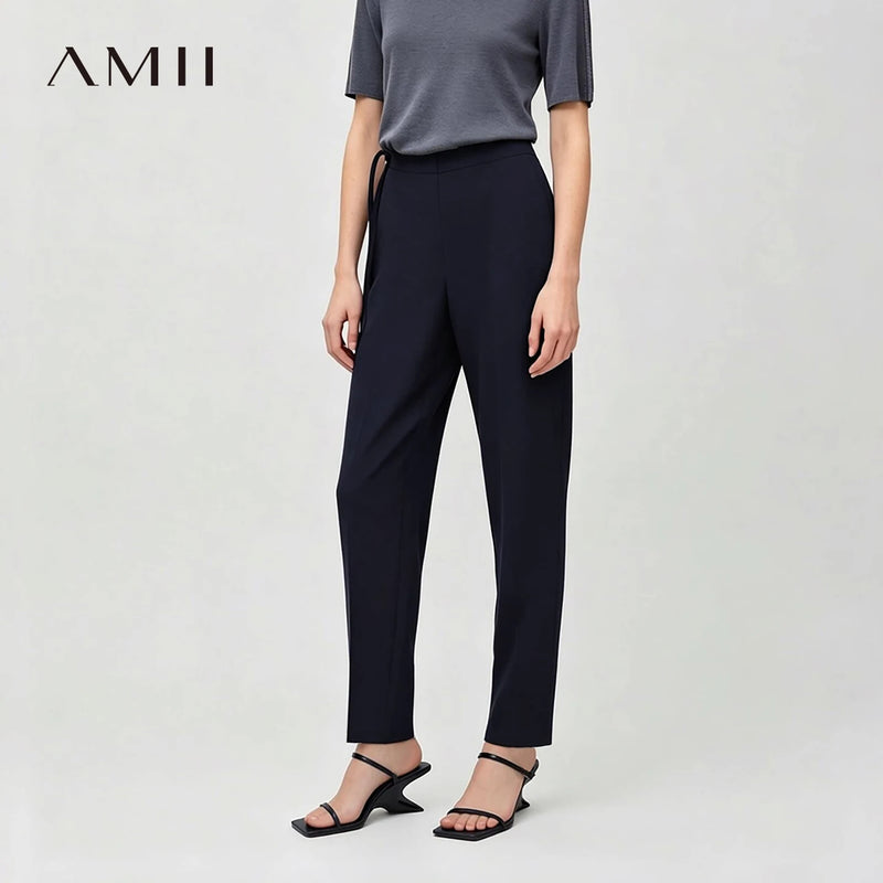 Amii Women's Tapered Pants 2026 Summer New Tie Waist Solid Color Trousers Office Versatile Ankle-Length Pants For Women 12622188