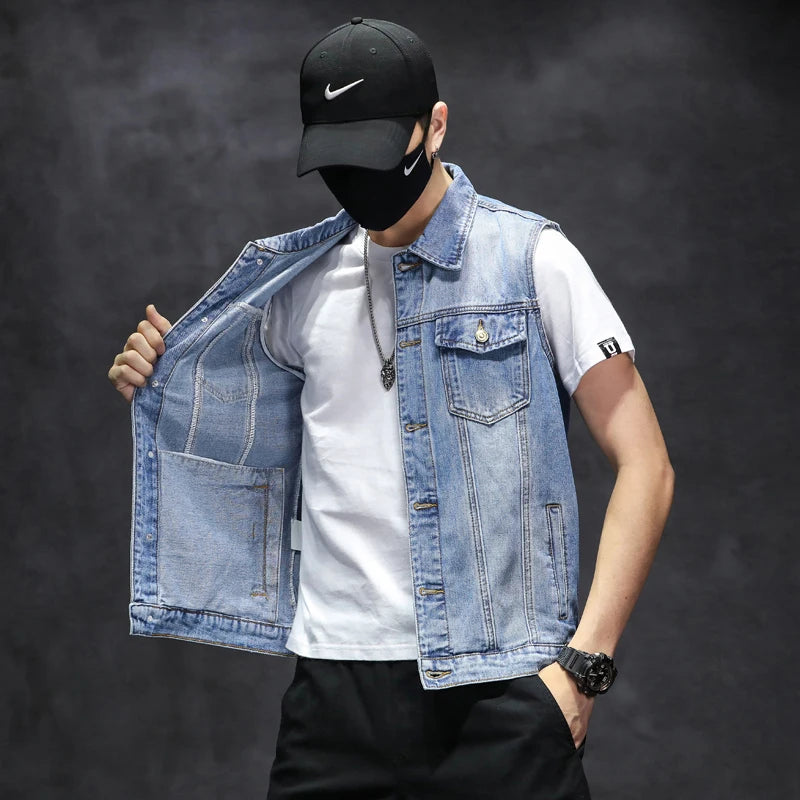 2026 New Men's White Sleeveless Denim Jacket, Single Breasted Lapel Vest Coat Blue Gray Black Denim Tops Waistcoat M-5XL 6XL