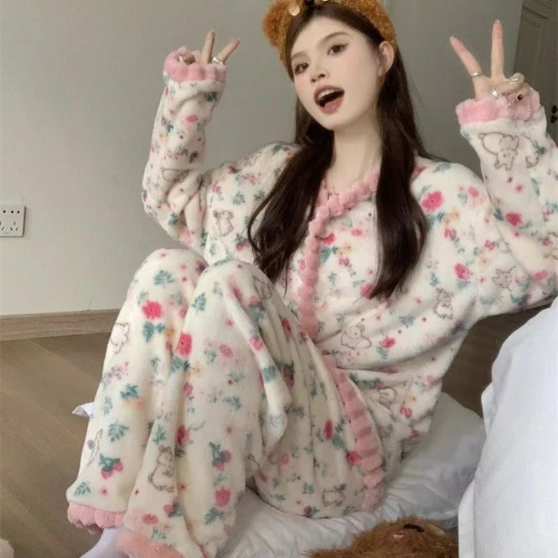 Printed Women's Winter Pajamas Flannel Korean Long Sleeve Thicken Velvet Sleepwear Set Casual Warm Coral Fleece Home Clothes