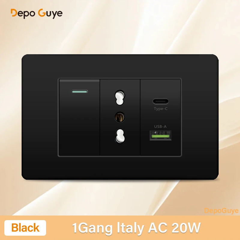 Italy Chile Mexico Outlet with USB Smart Type-c 20W Fast Charging Wall plug,Brazil Electric Light Switch Dual usb Power Socket