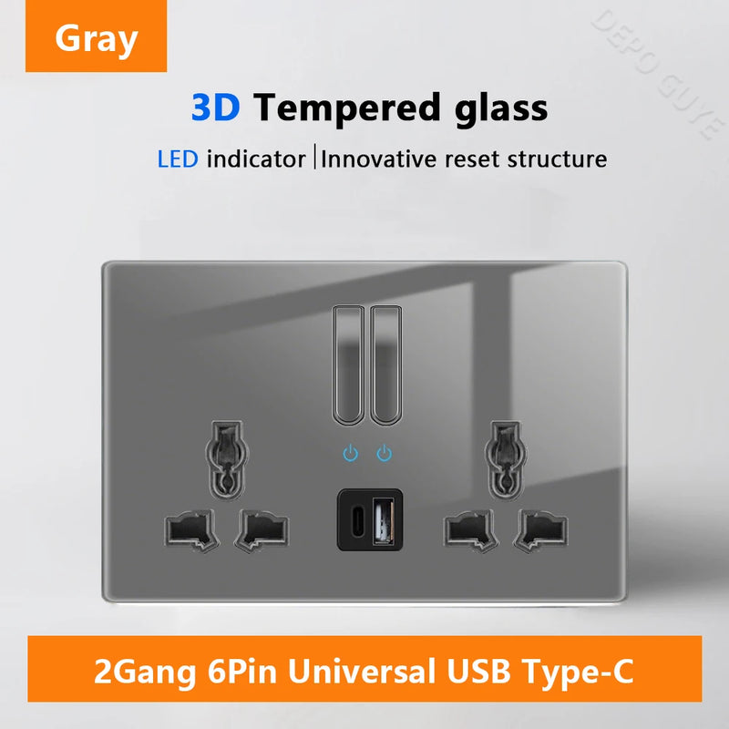 Wall Light Switch Panel LED Indicator UK EU FR Universal USB C Electrical Socket Piano Key Self-reset Wall Switches TV Computer