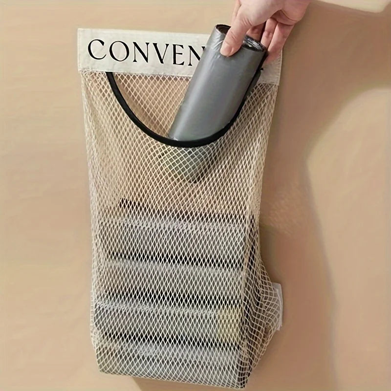 1/2pcs Versatile Wall-Mounted Plastic Bag Holder - Reusable Elastic Storage Net With Magic Sticker. for Kitchen, Bathroom