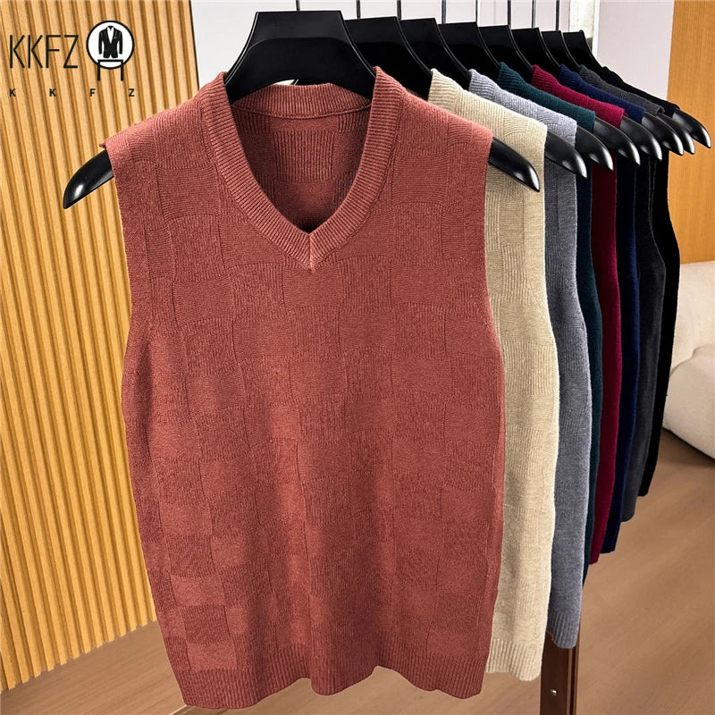 Mens Lightweight Jacquard Knitted Sleeveless Vest V Neck Textured Sweater Tank Top For Daily Commute And Business Matching
