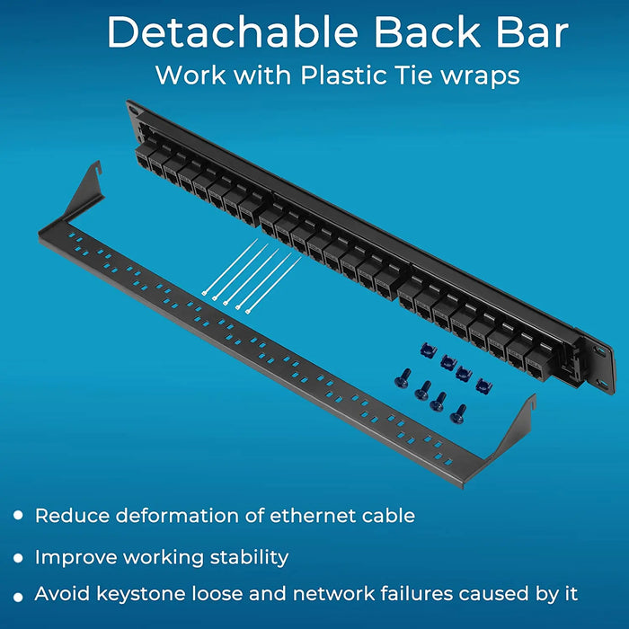 ZoeRax Patch Panel 24 Port Cat6 Cat6a Cat7 with Inline Keystone 10G, RJ45 Coupler Patch Panel 19-Inch with Removable Back Bar