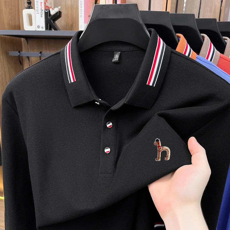 100% Cotton Man Long-Sleeved Polo Shirt Lapel Button Color Blocking Exquisite Pattern Embroidery Autumn New Leisure Men's Wear