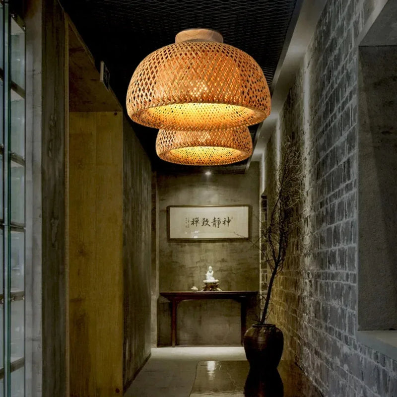JOYINLED Rattan Ceiling Light Pendant Lamp Shade Chinese Style Circular Handmade Retro Light Fixture Living Room Restaurant