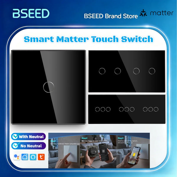 BSEED Matter Smart Touch Light Switch 1/2/3Gang Support Apple Home Tuya APP Google Assistant Voice Control Neutral Wire Optional