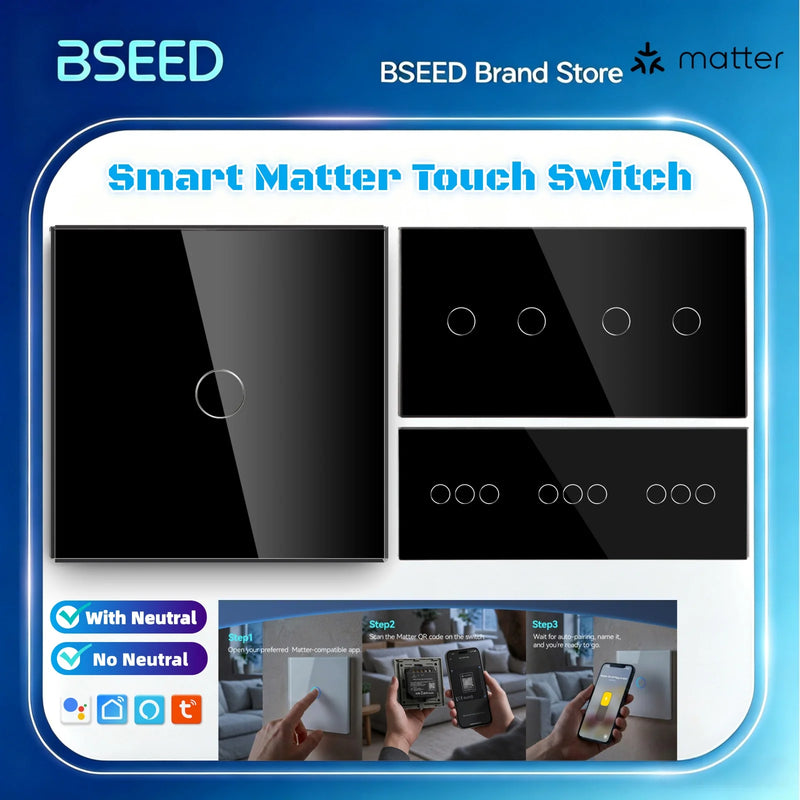 BSEED Matter Smart Touch Light Switch 1/2/3Gang Support Apple Home Tuya APP Google Assistant Voice Control Neutral Wire Optional