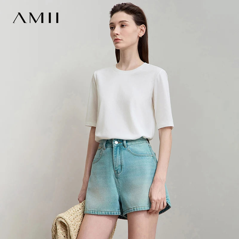 AMII Minimalist Cotton Black T-Shirt for Women 2025 Office Lady O Neck Plain Knit Tee Tops Female Clothes Summer Wear 12522172