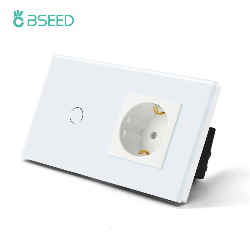 BSEED Single Power Outlet EU Wall Plugs Double Sockets USB Type-C Phone Charge Glass Panel 1Way Wall Touch Switch Kid Protection
