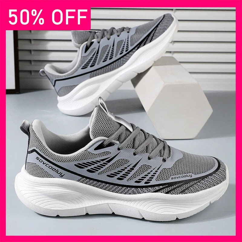 Men Sports Shoes Fashion Lace Up Versatile Mesh Breathe Lightweight Outdoor Fitness Shoes Classic Cushioning Flat Tennis Shoes