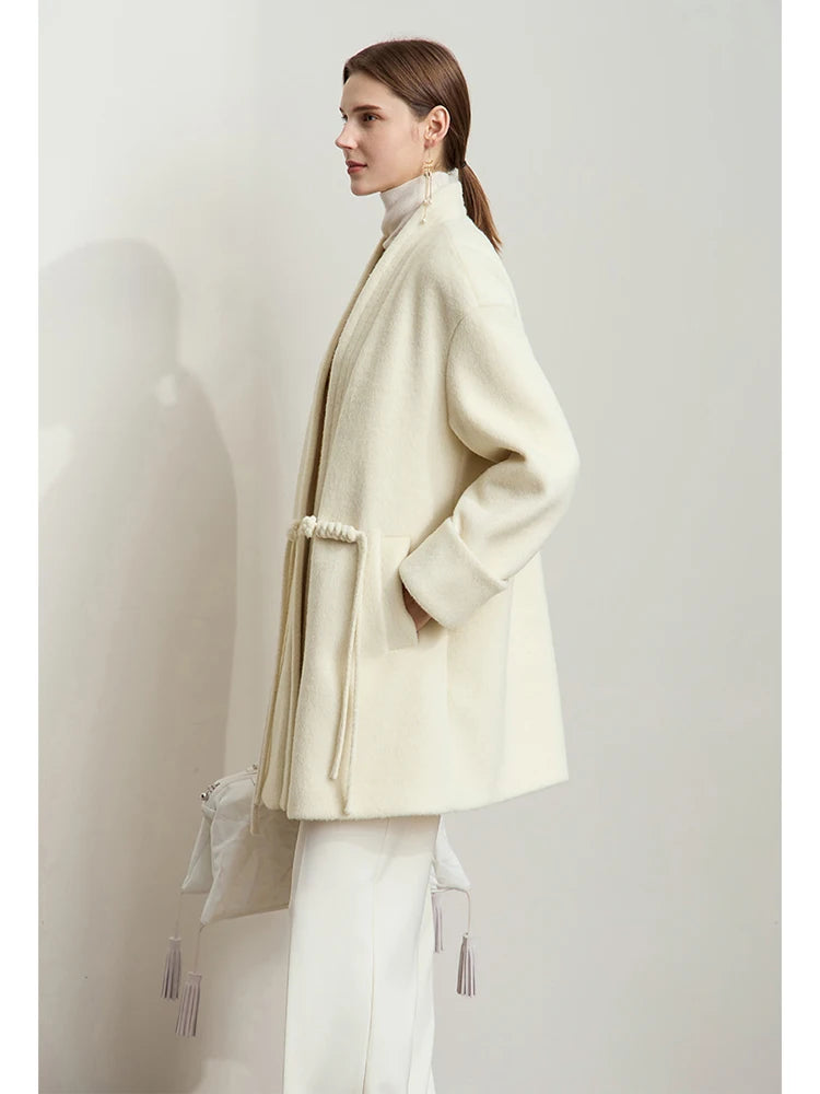 Amii Minimalist Women's New-Chinese Woolen Coat 2026 Winter V-neck Disc Buckle Lady Drop Cuff Loose Mid-length Overcoat 12454010