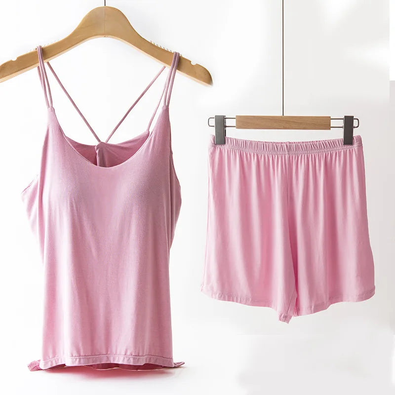 Pijamas Femininos New Sexy Bra Sling Shirt Shorts Set Modal Chest Pad Summer Pajamas For Women Nightwear Home Night Clothes