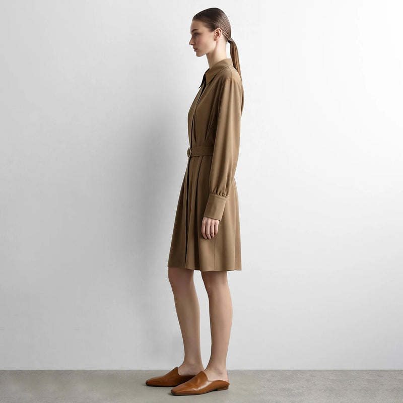 Amii Slim Women's Dress 2026 Autumn New Lapel Collar Office A-Line Midi Dresses D-ring Belt Long Sleeve Woman Clothes 12623020