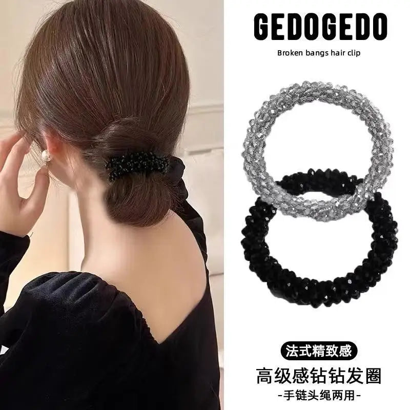 Dongdaemun Crystal Beaded Hair Ring Hair Rope Female Hair Tie Leather Tendon High Tail Maruko Head Rope Bracelet Dual Purpose Ha