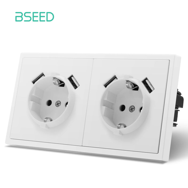 BSEED EU Standard Single Wall Socket Double USB Charge Port Wall Power Outlets Electric Plugs White Black Plastic Frame 16A