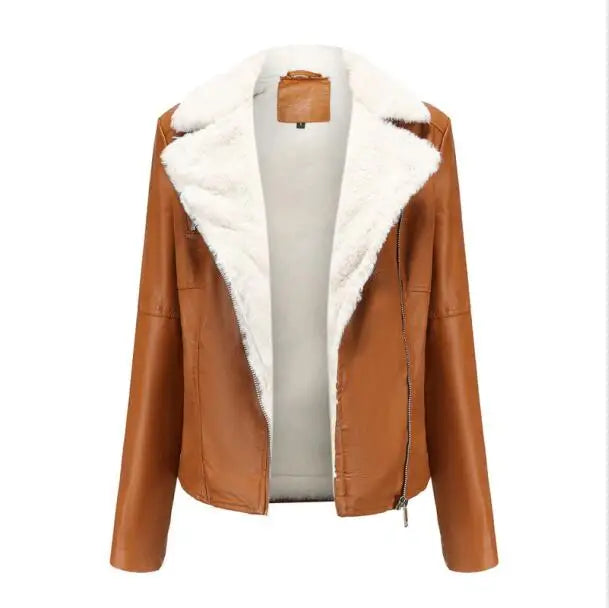 2026 Winter Women Yellow PU Leather Jacket, Black Slim-Fit Fleece Lined Faux Leather Coat, Thicken Warm Moto Biker Jacket Mujer.
