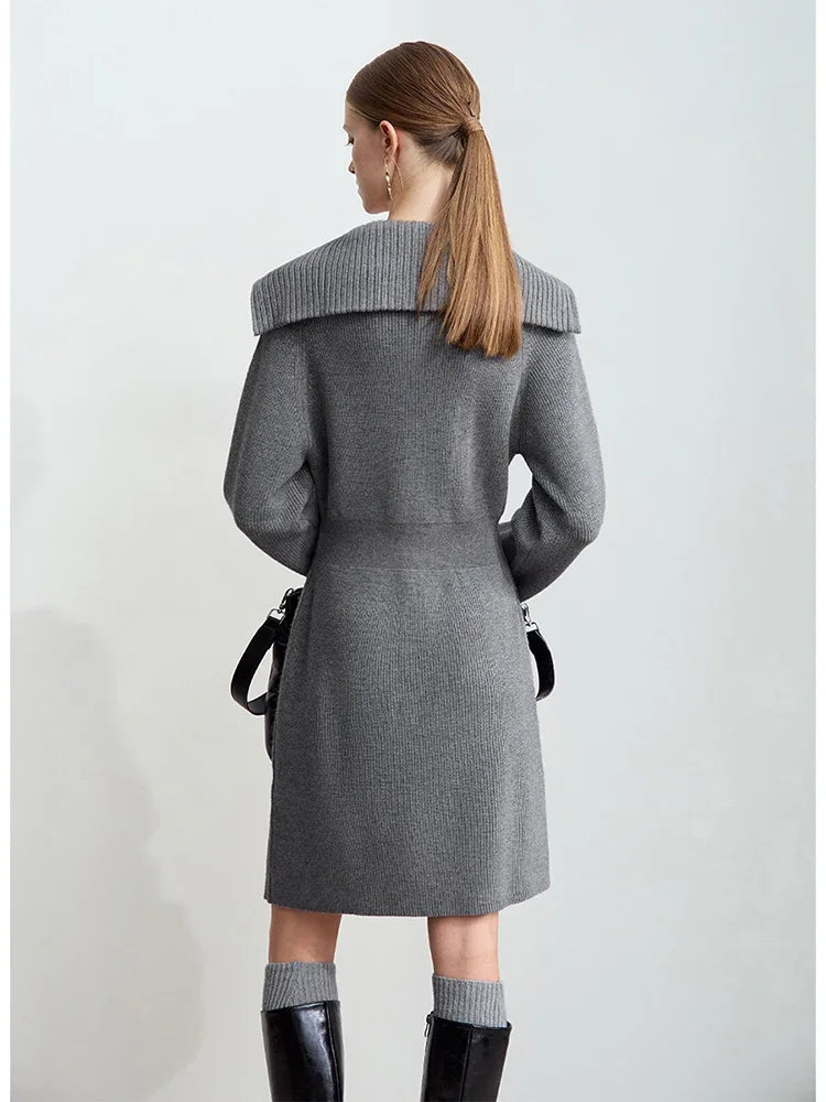 Amii Minimalist 2026 Winter New Women's Casual Knitted Skirt Lapel Shoulder Sleeve Zipper Semi-open Placket Waist Dress 12444240