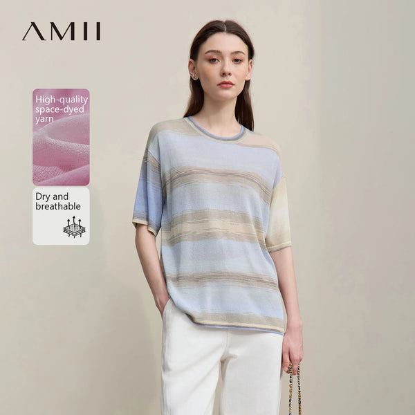 អាវយឺតប៉ាក់សម្រាប់នារី Amii រដូវក្តៅឆ្នាំ ២០២៦ កមូលស្មាទម្លាក់ពណ៌ឆ្នូតៗ អាវក្រៅរលុងធម្មតា 12642074