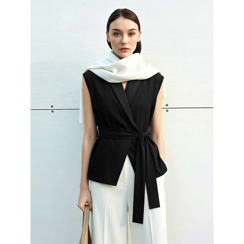 Amii Elegant Women's Blouse 2026 Summer New V-Neck Sleeveless Chiffon Top Satin Spliced Office Flowy Shirt For Women 12642213