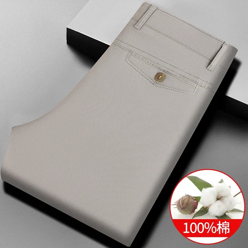 Men Cotton Straight Casual Chinos Soft Breathable Twill Fabric Zip Fly Side Slash Pockets Office Daily Commuting Long Bottoms