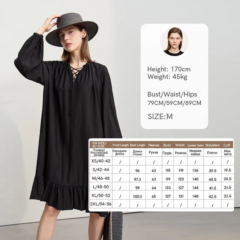 Amii Midi Dresses 2026 Autumn New Solid Color Vacation Style V-neck Lace-up Long Sleeve Loose Pleated Female Dresses 12641046