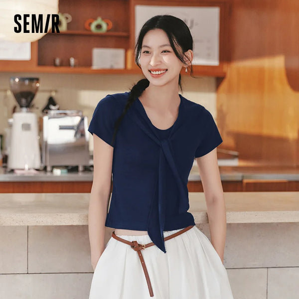 អាវយឺត Semir សម្រាប់នារី ប្រវែងខ្លី ក្រមារពីរដុំ រចនាបថដូចចរ ស្លីមហ្វីត ម៉ូដរដូវក្តៅ ឆ្នាំ២០២៦