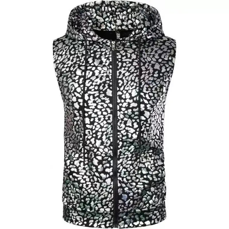 Men's Sleeveless Hooded Vests for Spring and Fall, Leopard-print Waistcoat for Summer, and Stylish Casual Tops. Gold,Silver,Blue