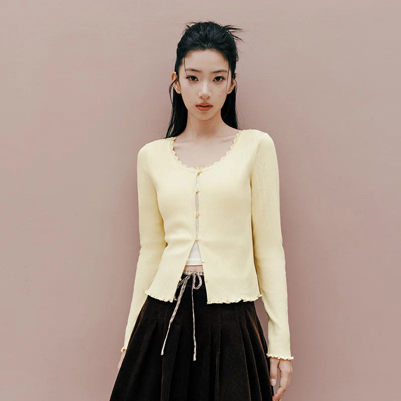 Semir Women Tshirt Long Sleeve Short Cotton Slim Ruffle Lace Trim U Neck Soft Casual Autumn Top Daily Wear 2026