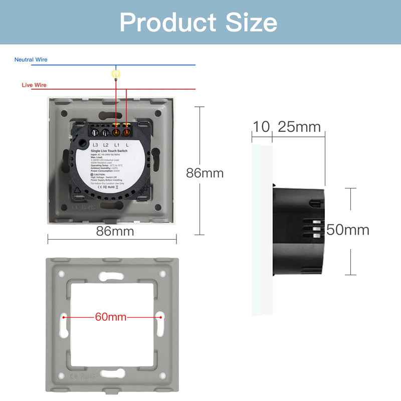 BSEED Touch Light Switches LED Backlight EU Wall Sockets Switches Glass Panel Max.Load 300W 1/2/3Gang 1Way LED Light Switches