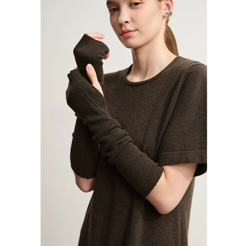 Amii Womens Dresses 2026 Winter New Minimalist Round Neck Loose Elastic Short Sleeves Knitted Wool Dresses For Woman 12544053