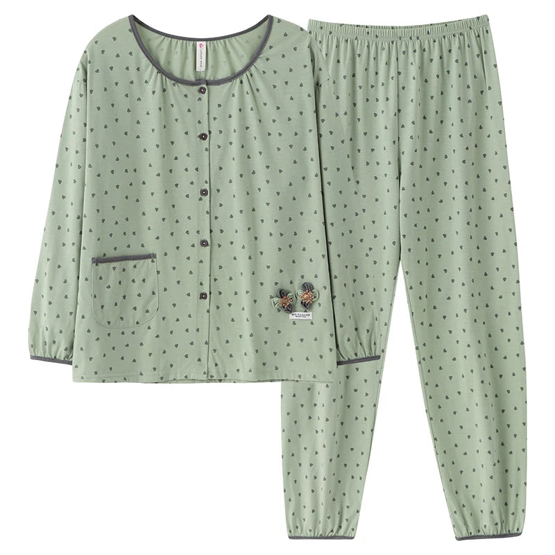 Spring Autumn O-Neck Pyjamas Female Pajamas Sets Elegant Floral Japanese Kimonos For Women Big Yards M-3XL Cotton Home Clothes