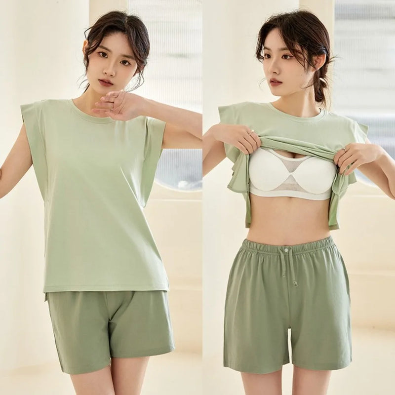 Cotton Nightie with Bra Summer Clothes 2 Piece Set Women's Pajamas Home Wear Women Nightwear Thin Sleeveless Sleepwear Pyjama