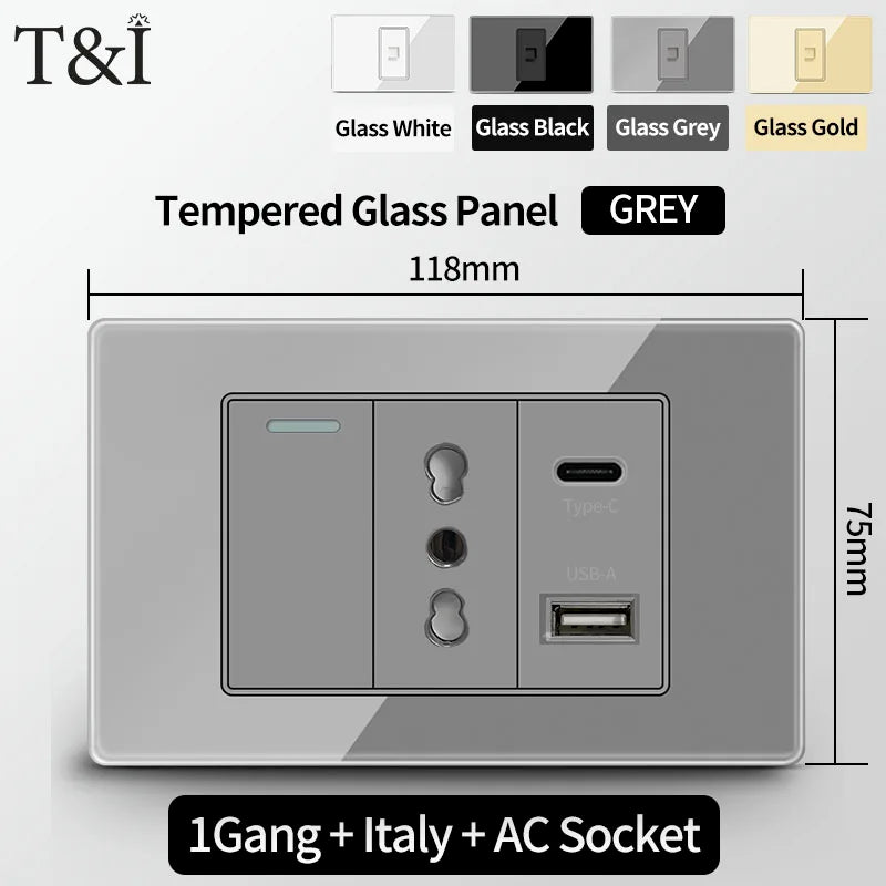 T&I Wall Switch Sockets With USB TypeC  Fast Charging, Italy Socket , Chile Schuko Outlet, Tempered Glass Panel for Home
