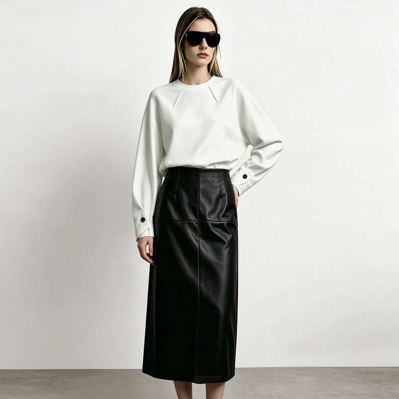 Amii Women PU Skirt Autumn Satin Elastic Waist Sash Belt Elegant Vintage Straight Midi Skirts Office Woman Clothing 12623056