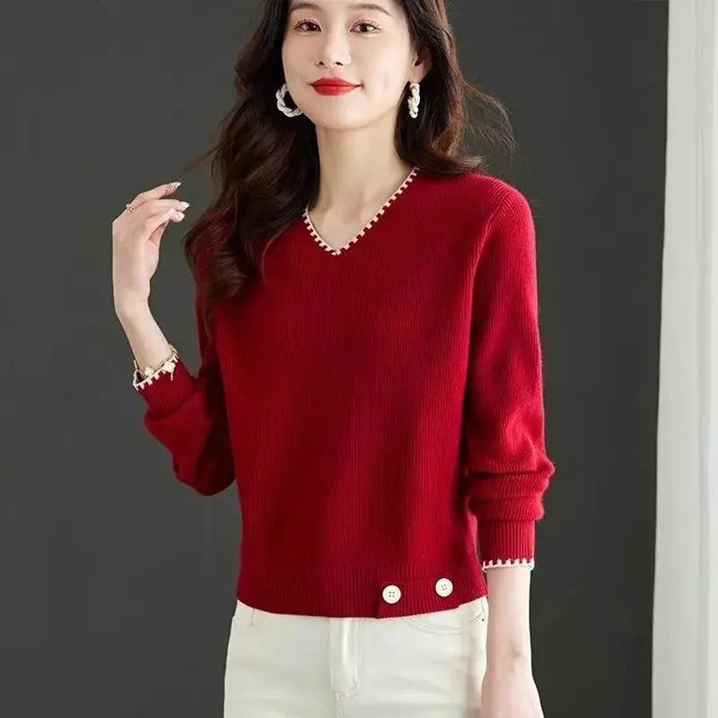 Pulls Femmes Jumper V Neck Long Sleeve Tops Female Short Knitwear Blouse Spring Autumn Winter Clothes Woman Pullover Sweater