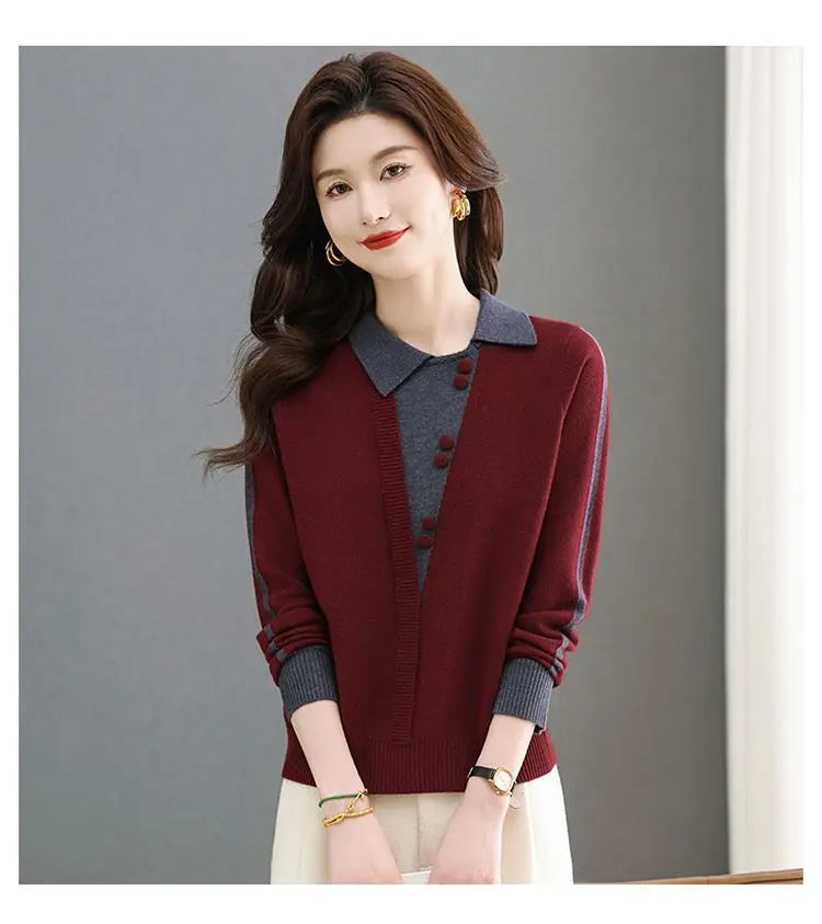 Pulls Femmes Elegant Ladies Pullover Tops Knitting Woolen Sweater Spring Autumn Lapel Long Sleeve Shirt Knitwear Clothes Women