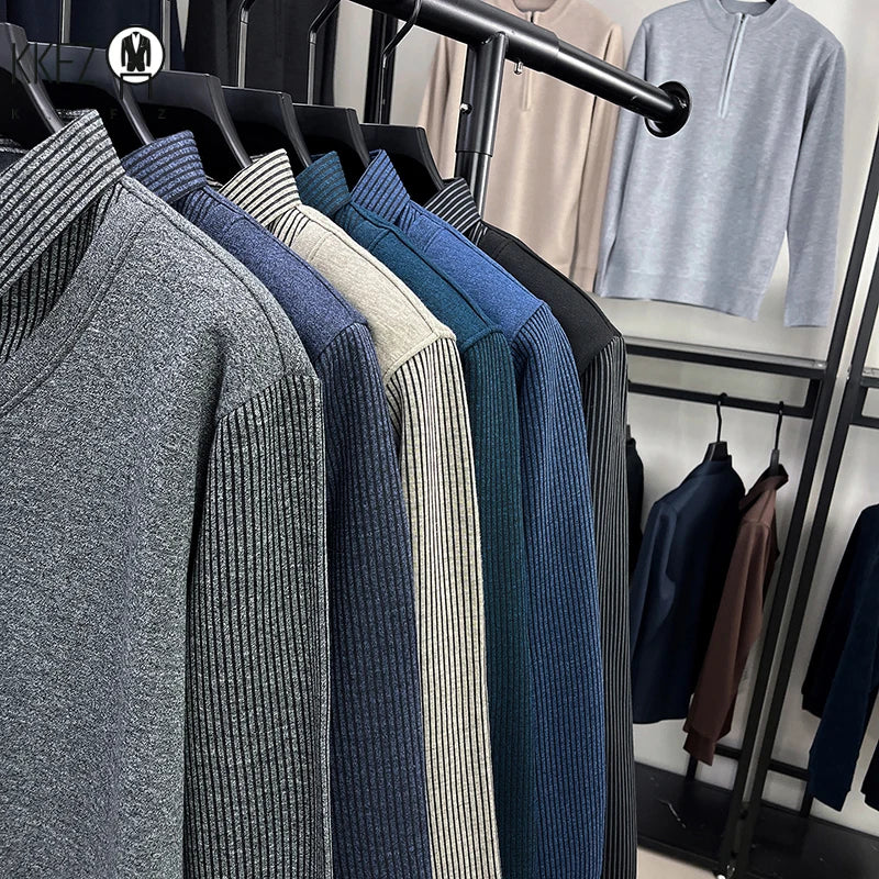 Thermal Warm Knit Sweater For Men Collared Fake Vest Elastic Cuff Full Fleece Lined Vertical Stripe Autumn Office Clothing