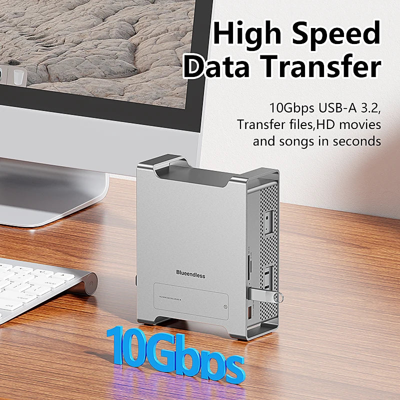 ស្ថានីយ៍ចត Blueendless Type C HUB សម្រាប់ Mac Mini M4/M4 Pro M5 PRO M6 10Gbps USB 3.2 Gen2 C Hub SD/TF M.2 NVME SSD Enclosure