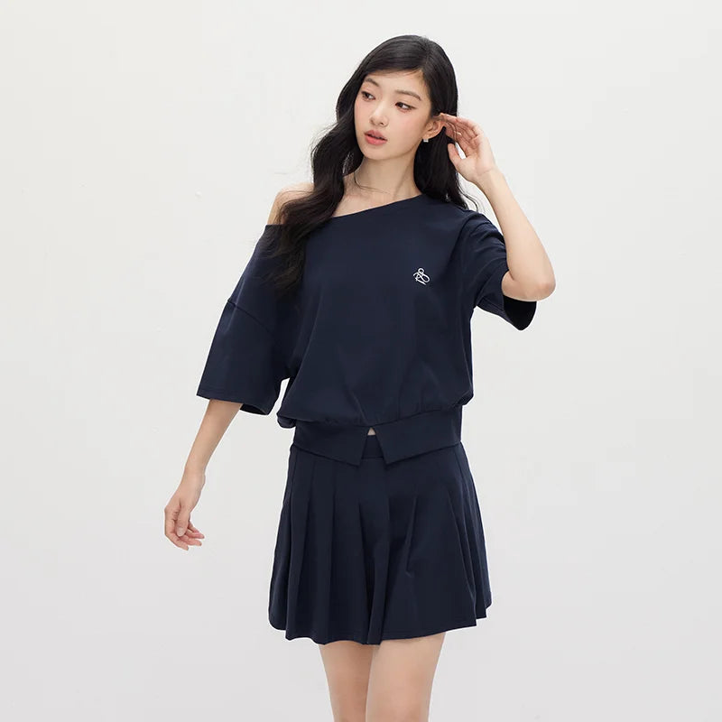 Semir Women Set Short Length Pleated Skirt Oblique Shoulder Slit Top Embroidered Sexy 2026 Summer Casual Fashion Top